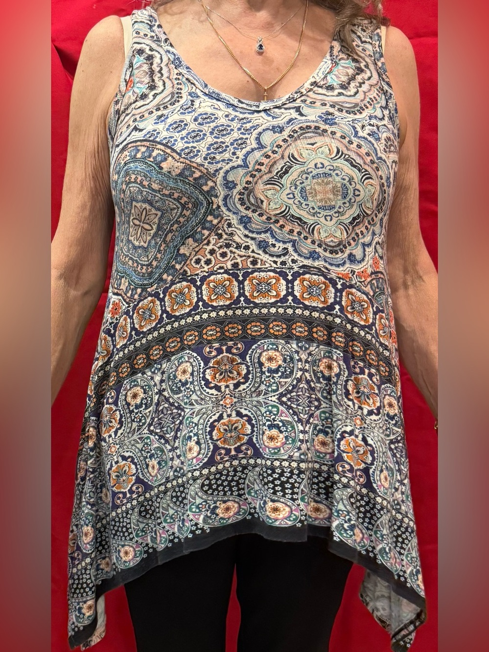 Sleeveless Paisley Print Tank Top - Blue & Orange